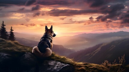AI generated illustration of a German shepherd dog at the edge of a mountain watching sunset
