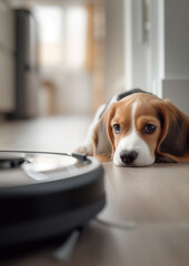 Cute purebred beagle puppy dog portrait on the living room laminate discovers modern vacuum cleaner robot smart device while it cleaning floor. Allergy prevention during home pets Fur Moulting concept