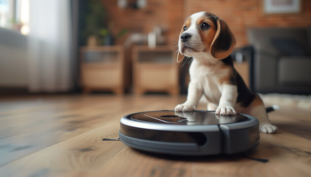 Cute purebred beagle puppy dog portrait on the living room laminate on the modern vacuum cleaner robot smart device while it cleaning floor Allergy prevention during home pets Fur Moulting concept.