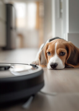 Cute purebred beagle puppy dog portrait on the living room laminate discovers modern vacuum cleaner robot smart device while it cleaning floor. Allergy prevention during home pets Fur Moulting concept