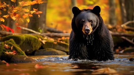 AI generated illustration of a majestic black bear confidently strides through a shallow stream