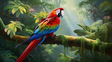 Obraz premium AI generated illustration of a vivid macaw bird perched atop a long, lush branch