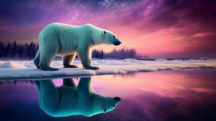 AI generated illustration of a majestic polar bear on a sheet of ice, illuminated by the pink sunset - obrazy, fototapety, plakaty