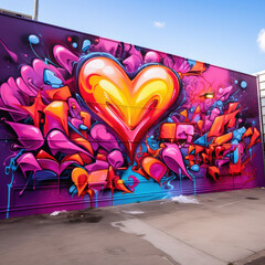 AI-generated illustration of a vibrant mural on the side of a building featuring a colorful heart