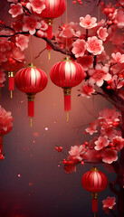 Obraz premium Chinese New Year background with red paper lanterns and cherry blossom