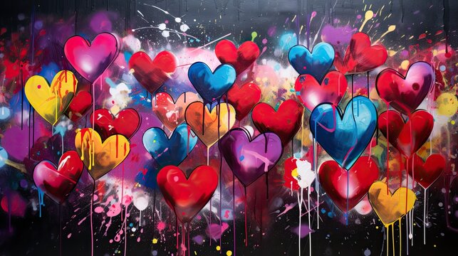 many colorful heart shaped balloons are flying through the air as a spray paint painting