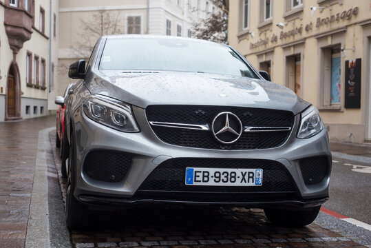 Mulhouse - France - 11 february 2024 - Front view of grey mercedes SUV car parked in the street
