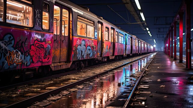 a train that is sitting in the rain on tracks in the station