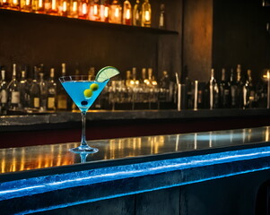blue martini on a bar with neon shelves and bottles in the background
