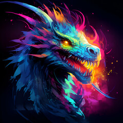 Dragon head with colorful fire flames on black background.  illustration.