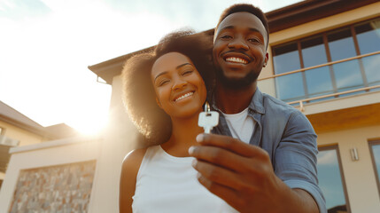 Happy African American couple standing in front of their new house, with keys in hands, smiling man and woman posing near modern home, making selfie, real estate agency, house owners, young family