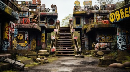 a stairway covered in graffiti and a stairway leading up to it