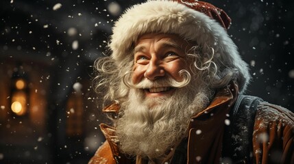 AI generated illustration of Santa Claus looking up at the falling snow and smiling