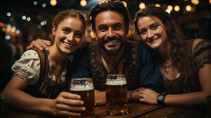 AI generated illustration of a man and two women sitting in a pub, drinking beer - obrazy, fototapety, plakaty