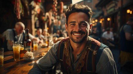 Fototapeta premium AI generated illustration of a cheerful man sitting in an outdoor bar