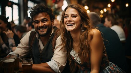 Obraz premium AI generated illustration of a happy couple sitting in a pub, drinking beer