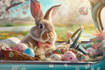 Foto op Plexiglas Cute bunny driving car full of Easter eggs, funny rabbit character, Easter cartoon Illustration © zamuruev