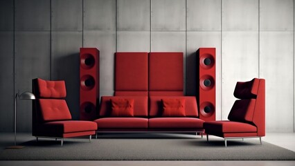 AI generated illustration of a contemporary living room with a comfortable sofa, stylish speakers