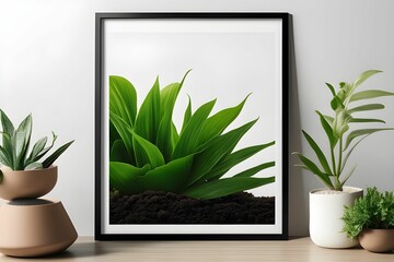 AI generated illustration of potted plants near a framed picture of lush leaves on the wooden table