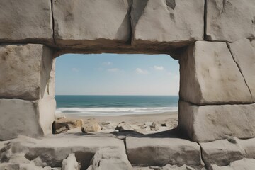 AI generated illustration of an open hole on a wall with a view of a tranquil beach