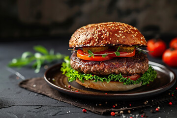 Beef burger on plate. Side view, close up on dark background