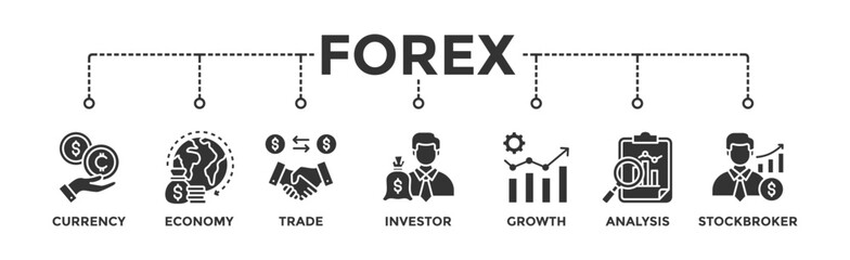 Forex banner web icon vector illustration concept with icon of currency, economy, trade, investor, growth, analysis and stockbroker - obrazy, fototapety, plakaty