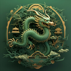 Fototapeta premium Dragon in the chinese style on a green background. Elements are layered separately in file.