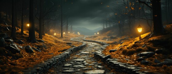 AI-generated illustration of an autumnal forest road at night with lanterns lighting the way