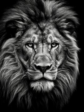 a black and white lion portrait on black background stock photo