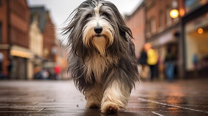 AI generated illustration of a cute shaggy-haired Bearded Collie dog walking on a city street