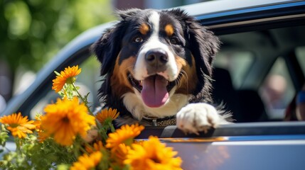 AI generated illustration of a Bernese Mountain dog with its paw on a car window