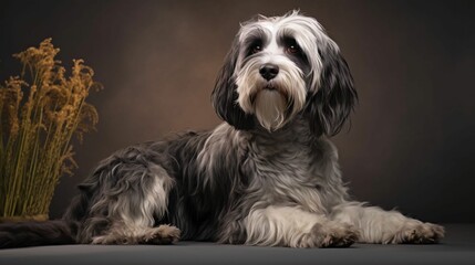 AI generated illustration of a Tibetan Terrier sitting on a gray background