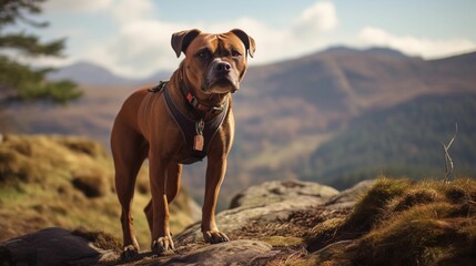 AI generated illustration of an American Pit Bull Terrier sitting in a green meadow