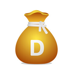 Moneybag with Gambian Dalasi symbol. Cash money, currency, business and financial item. Golden bag icon.