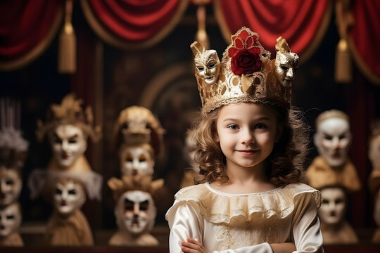 Cute little actress. Child girl in princess costume on stage in theater performance. Theater Day for Children and Youth.