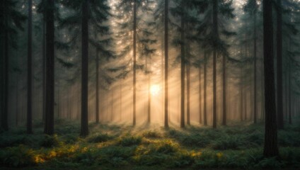 trees, bushes and sun shining through the foggy forest