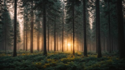 Fototapeta premium AI generated illustration of A beautiful sunrise behind a lush forest of tall trees