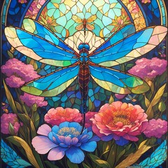 Fototapeta na wymiar AI generated illustration of a stained glass design of a dragonfly and flowers
