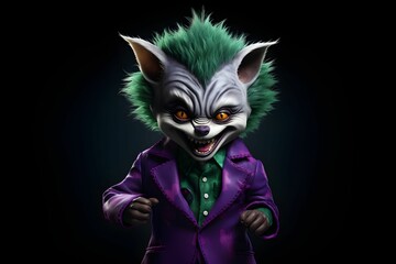 a creepy joker mask standing up with his arm crossed in front of his face - obrazy, fototapety, plakaty