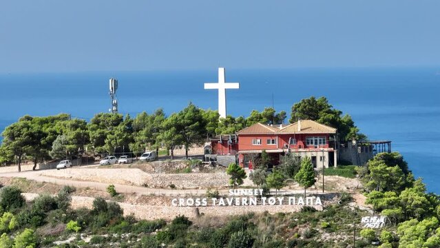 Drone viewpoint of Cliffs of Kambi in Zakinthos Greece Island. Beautiful cliff coast on greek island. Wild cliffs of the western Zakynthos. Vacation turquoise sea and green rock cliffs on the island. 