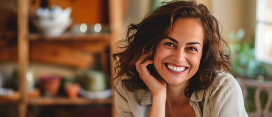 Engaging Portrait of a Joyful Woman with a Contagious Smile in a Homely Setting