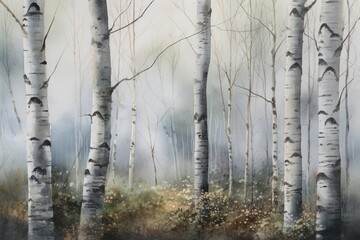 birch grove in spring, watercolo