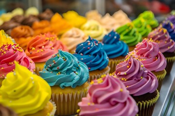 AI generated illustration of a delightful assortment of colorful cupcakes