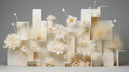 AI generated illustration of an arrangement of white cardboard boxes with flowers