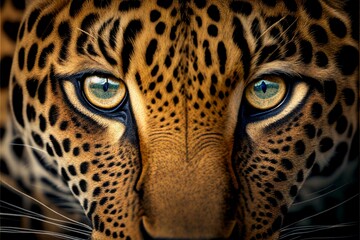 Beautiful, wild leopard looking directly into the camera with its golden eyes, AI-generated.