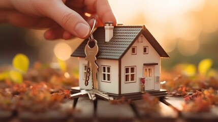 AI generated illustration of a person holding keys in his hand over a miniature house