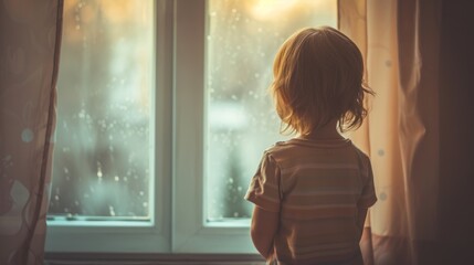 The silhouette of a small lonely child in an orphanage gazes out the window, hoping to be adopted into a family. Concept of orphans. - obrazy, fototapety, plakaty