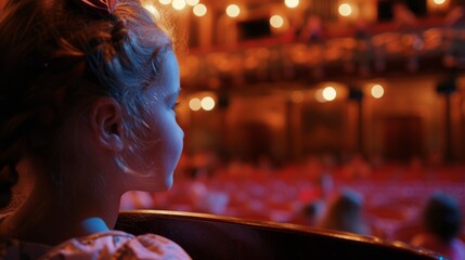 A little girl in a festive dress with braided hair sits on the balcony of the opera house and looks at the stage waiting for the performance. The child's first cultural visit to the theater. - obrazy, fototapety, plakaty