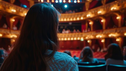 Obraz premium A girl sits in the hall of the opera house and looks at the stage, waiting for the performance to start.