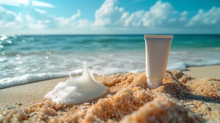 Close shot of sunscreen bottle kept on sand near sea beach a mockup, Generative AI.
